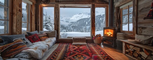 Cozy alpine cabin with a wood-burning stove.