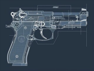Intricate AutoCAD Gun Blueprint Exploration of Internal Mechanics on Solid Grey Background