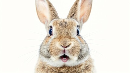A startled rabbit stares directly at the camera with an open mouth