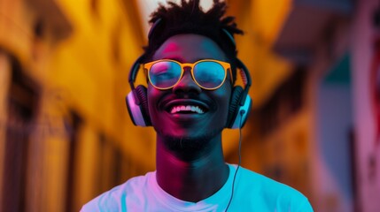 A young man smiles while listening to music through headphones, wearing sunglasses