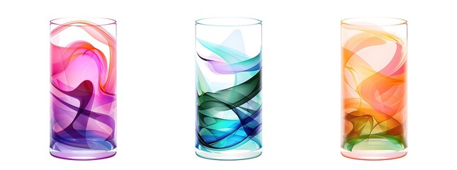 Set three colorful glass cylinder shapes wavy patterns isolated transparent background Colorful Glass Concept