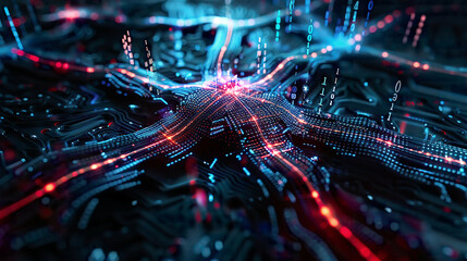 3D illustration of an artificial neuron, binary codes as transmission lines of pulses and information, microchip analogy, intricate and detailed, futuristic design, dark background 