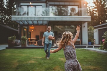 Happy family moment in modern backyard. Father plays with daughter on a sunny day. Family and home style form this bright scene. Ideal for lifestyle, modern living promotions. Generative AI