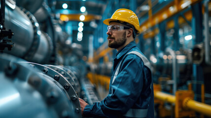 Professional stock photography of an engineer in a manufacturing plant, inspecting machinery, vigilant and professional