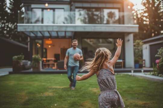 Happy family moment in modern backyard. Father plays with daughter on a sunny day. Family and home style form this bright scene. Ideal for lifestyle, modern living promotions. Generative AI