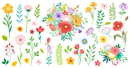 Beautiful romantic flower collection with roses, leaves, floral bouquets, flower compositions