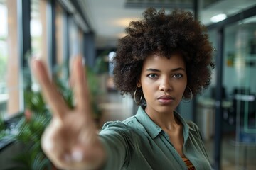 Fototapeta premium A confident young woman with a serious expression shows a victory sign with her fingers. Modern office background. Conceptual stock photo for business, empowerment, and success themes. Generative AI