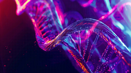 Abstract background with a 3D DNA model detailed double helix structure vibrant colors glowing effects dark gradient backdrop ultra-