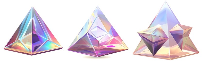 3 different iridescent crystal pyramids white background Iridescent Crystal Concept