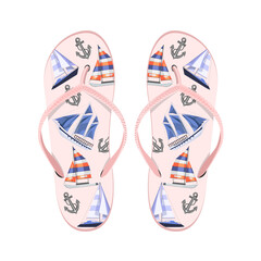 Summer flip flops with nautical design ships and anchors.Vector beach shoes for summer designs.