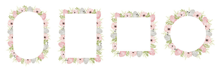 Watercolor Happy Easter frames set. Colored eggs and flower anemone. Religion decor. Design elements. Spring catholic holiday clipart.