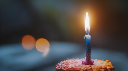  candle with a blue base and white wax, standing on what appears to be a frosted cake adorned with multicolored sprinkles