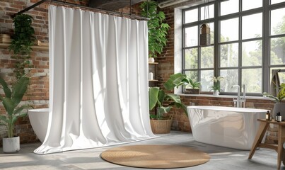 Cozy bathroom with a blank shower curtain