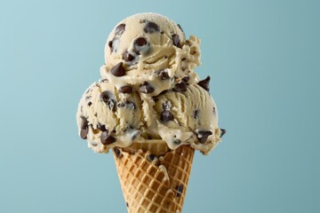 Chocolate chip cookie dough ice cream in a cone on a light blue background
