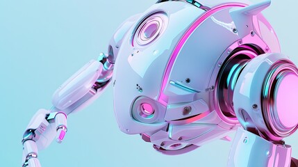 Fototapeta premium Futuristic white robot with pink and blue lights on a gradient background, showcasing advanced technology and innovative design.