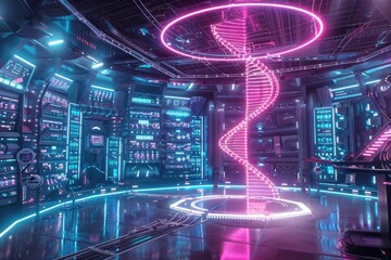 Futuristic neon-lit tech room with holographic DNA helix, advanced technology, glowing lights, vibrant cyberpunk atmosphere, digital innovation.