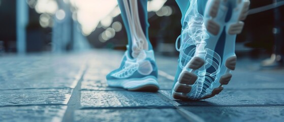 Stride Revealed: Detailed Semi-X-Ray Feet on Sidewalk - Medical and Athletic Concept