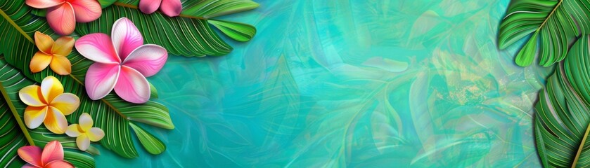 Fototapeta premium Tropical Paradise Bouquet - Vibrant Frangipani Flowers and Palm Leaves Vector Illustration of Island Serenity