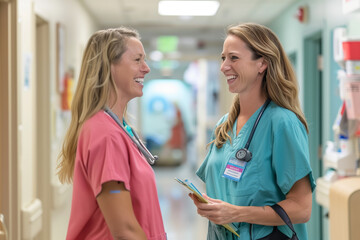Obraz premium two smiling healthcare professionals, nurses, standing in a brightly lit hallway in a hospital. They are wearing colorful scrubs and are engaged in a friendly conversation, with on