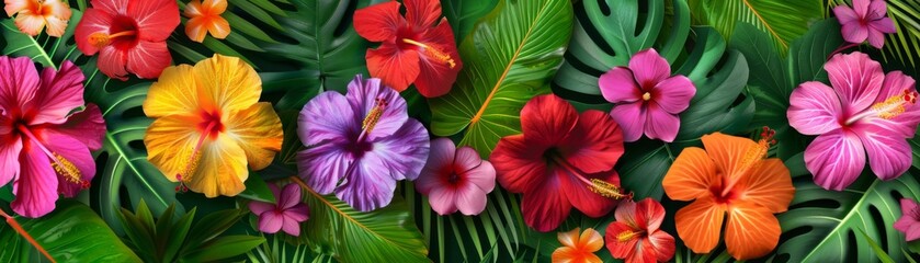Fototapeta premium Tropical Paradise Blooms - Vibrant Hibiscus and Orchids Bouquet Vector Illustration in Exotic Jungle Setting