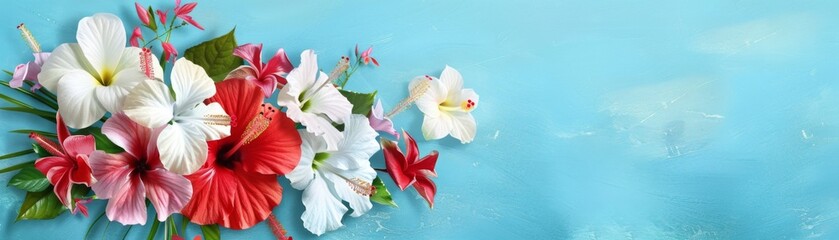 Fototapeta premium Lush Tropical Floral Bouquet with Hibiscus and Orchids, Vibrant Vector Illustration of Exotic Jungle Blossoms