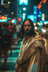 Fototapeta premium Contemporary Urban Jesus Crossing Street, Modern Depictions of Jesus, Inspirational Imagery, Contemporary Religious Art, Jesus in Today's World, Uplifting Messages, Spiritual Guidance, Faith and Hope,