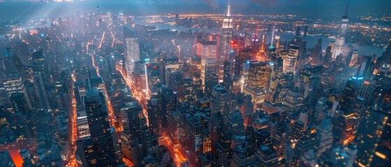 Aerial view of a sprawling metropolis at night,
