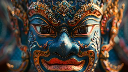 Fototapeta premium Vibrant Photomanipulation of Thai Pattern in Traditional Festival Mask Making, Embodying Folk Art Storytelling