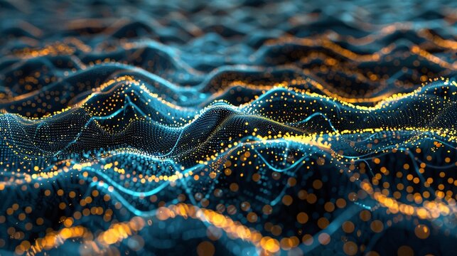 An intricate visualization of big data with interconnected nodes and data streams flowing across a digital landscape, representing the complexity and vastness of data analysis and information