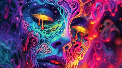 Abstract woman face with vibrant dripping colors art.