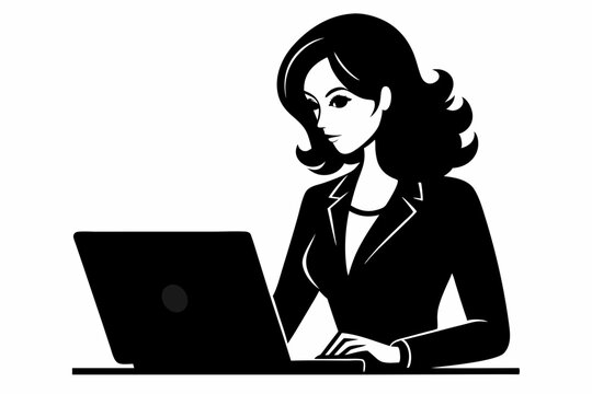 recommend clip art: Business woman working on laptop black silhouette