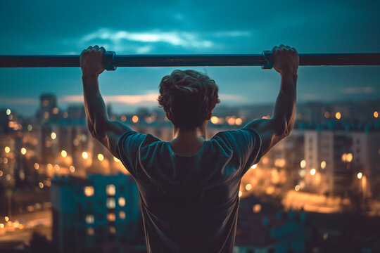 A young man doing pull ups on a streetlifting at dusk with city lights in the background, emphasizing fitness and strength against an urban evening backdrop