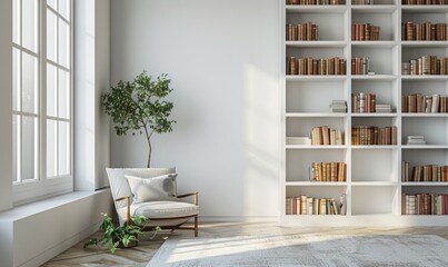 Serene living room with an empty bookshelf