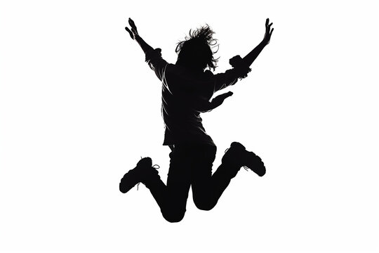 recommend clip art: silhouette of a person jumping in the air with arms raised, captured in a dynamic and energetic pose. Commercial photo