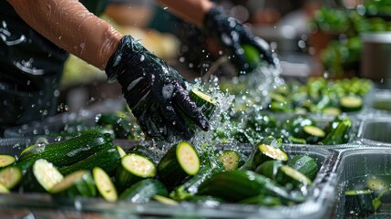 Worker washing and preparing fresh zucchini in an industrial kitchen, wearing black gloves, highlighting food safety and hygiene.