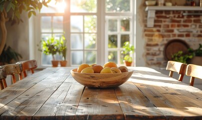 Rustic dining room with an empty fruit bowl