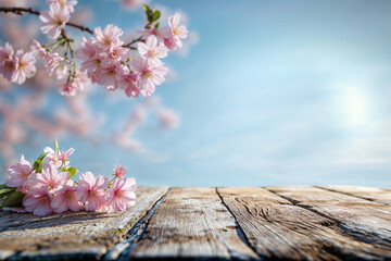 Wood table with pink cherry blossom flowers on sky background. Empty and ready for product display or montage. High quality photo with copy space.