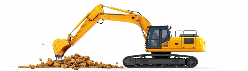 Heavyduty yellow excavator, isolated on white, detailed tracks and bucket, hyperrealistic, high resolution