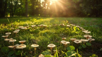 Fairy ring mushrooms in a sun-dappled meadow