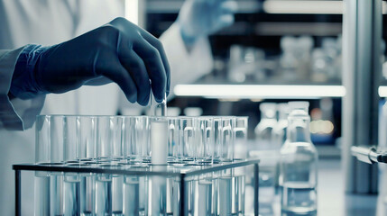 Close-up of test tubes being placed into a holder by a lab assistant modern and bright lab environment precise focus on the tubes realistic textures 