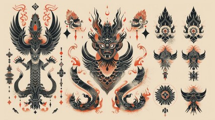 Intricate Thai Pattern Tattoo Design with Ancient Symbols Illuminated by Soft Afternoon Light