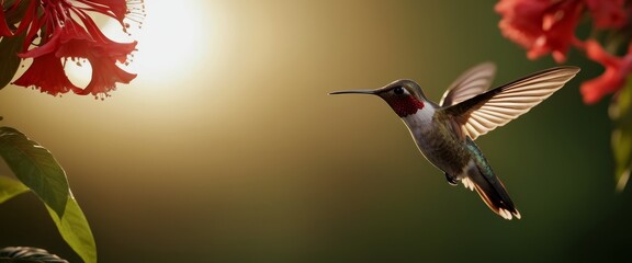 Obraz premium hummingbird frozen in mid-air wings a blur sipping