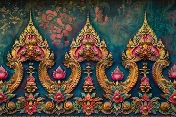 Vibrant Traditional Thai Patterns Graffiti on Silk Fabric for Ceremonial Attire - Realistic 3D Artwork