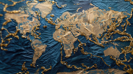 Fototapeta premium Golden Glitter World Map on Dark Blue Background Elegant