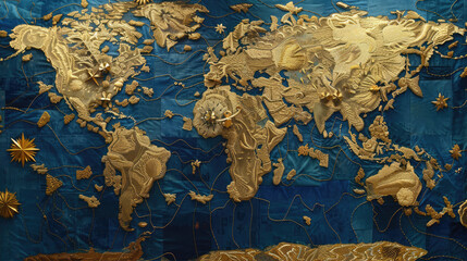 Naklejka premium Golden Glitter World Map on Dark Blue Background Elegant