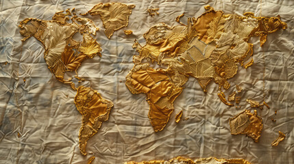 World map embroidered with gold threads on a tapestry