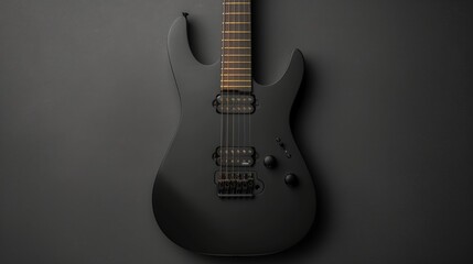 A black electric guitar is displayed on a grey background