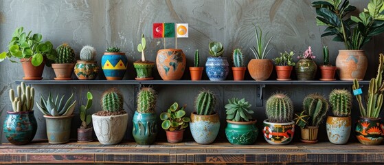 Fototapeta premium Array of plants in ceramic pots with flags from every country