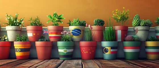 Fototapeta premium Array of potted plants with flags from various countries
