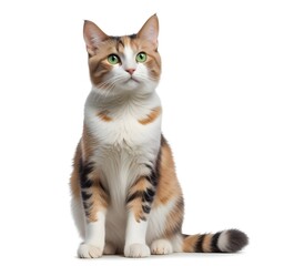 Isolated calico cat with bright green eyes, on a white background